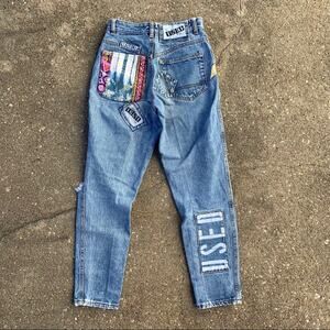 Vintage 80s Used brand patched distressed taper jeans